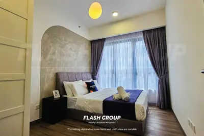 a bedroom with a bed with a large window at Agile Bukit Bintang Premium Suites at KLCC in Kuala Lumpur