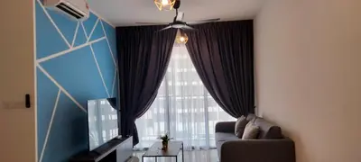 a living room with a couch and a large window at LSH33 Residence Sentul KL by HomeBrickz in Kuala Lumpur