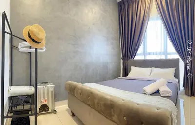 a bedroom with a bed with purple curtains and a hat at 5 STAR Homestay 3R3B KL View Trion TRX Velocity in Kuala Lumpur