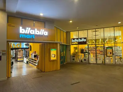 a shopping mall with a biltidas mart sign on the windows at Kuala Lumpur Infinity Skypool hostel in Kuala Lumpur