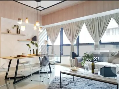 a living room with a table and chairs and a room with windows at Arte plus in Ampang