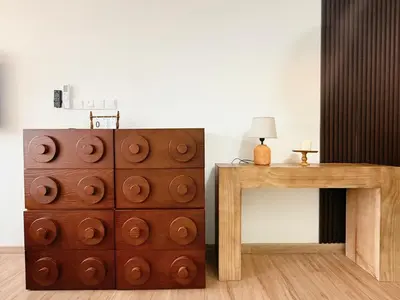 a room with a dresser and a table with a mirror at Cozy Studio l Riveria City l 1km to KL Sentral in Kuala Lumpur