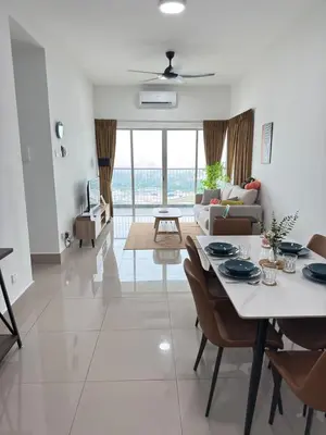 a white living room with a table and chairs at Razak City Kuala Lumpur D4 09 in Kuala Lumpur