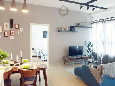 a living room with a table and a dining room at Arte Plus Ampang 2BR Private Lift Suite - Living Signature in Kuala Lumpur