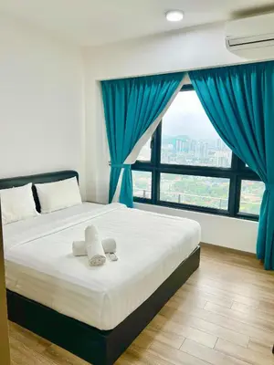 a bedroom with a bed with blue curtains and a large window at Agile Bukit Bintang By Comfort Suites in Kuala Lumpur