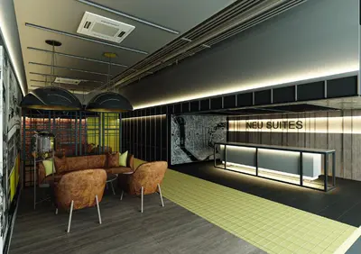 a restaurant with tables and chairs in a room at Suite16 Kuala Lumpur in Kuala Lumpur