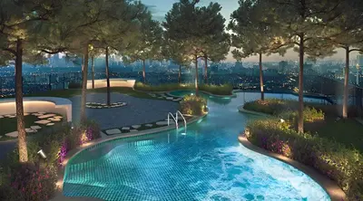 a rendering of a swimming pool with a city in the background at The Robertson by Kuala Lumpur in Kuala Lumpur