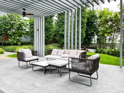 a patio with a white couch and two chairs at 2BR2B Hozem KL3214 Apartment Bukit Bintang in Kuala Lumpur