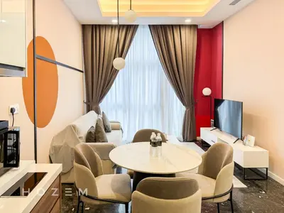 a living room with a table and chairs and a tv at 2BR2B Hozem KL2903 Apartment KLCC in Kuala Lumpur