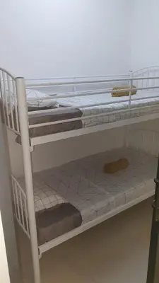 a white bunk bed with a cat on the bottom shelf at 10 Pax stay in Kl Area in Kuala Lumpur