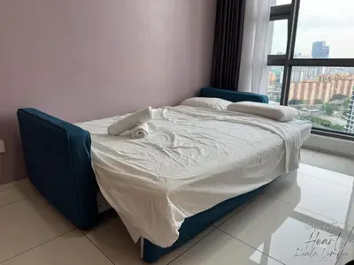 a large bed in a room with a window at Cozy Minimalist Condo In The Heart of Kuala Lumpur City 1BR in Kuala Lumpur