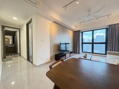 a living room with a table and a large window at Agile Bukit Bintang BNB at KLCC #Located in TRX #5 mins to Pavilion &Bukit Bintang #Infinity Pool #Free Parking #中英文房东 in Kuala Lumpur