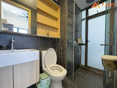 a bathroom with a toilet and a sink and a shower at KL &118 Tower View 1R1B Netflix 19F & Best View Infinity Pool in Kuala Lumpur