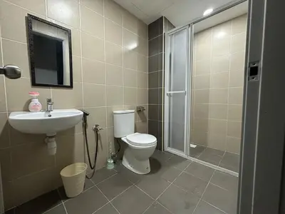 a bathroom with a toilet and a sink and a shower at KL City 3BR 3Bath Condo , Razak city ,TV box & Pool in Kuala Lumpur