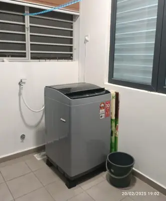 a trash can in a room with a window at LSH33 Condo DUKE Sentul KL in Kuala Lumpur