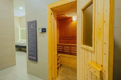 a small bathroom with a sauna in a building at The Atrium at Jalan Ampang by OKBnB- Modern Cozy 3 Bedroom Apartment 4 Mins to KLCC in Kuala Lumpur