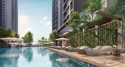 a swimming pool with chairs and umbrellas next to a building at 28 Boulevard - Pandan Perdana Cheras KL in Kuala Lumpur