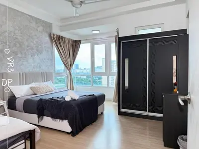 a bedroom with a bed and a large window at VR3 2R2B 6pax Sunway Velocity LINK Mall MRT in Kuala Lumpur