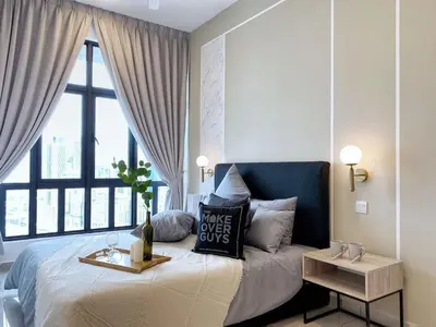 a bedroom with a bed with a large window at Cozy Stay at Legasi 5 minutes Walking distance to KLCC in Kuala Lumpur