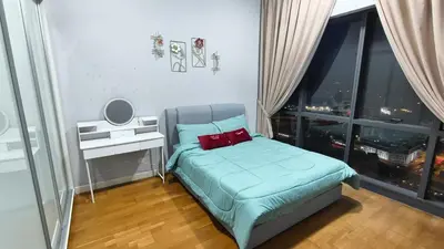 a bedroom with a bed with a mirror and a window at The Elements Ampang A place of Tranquility Premium in Kuala Lumpur