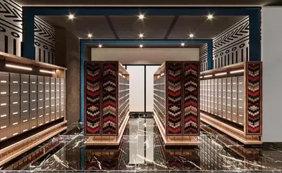 a room with a walkway with a row of racks of ties at The Majestic Residence KLCC By Castle in Kuala Lumpur