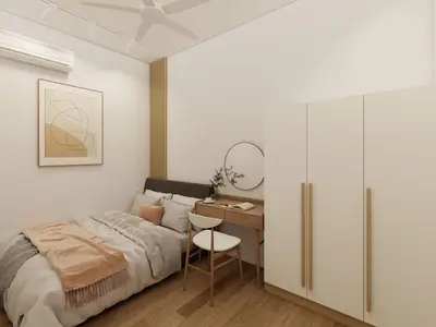 a bedroom with a bed and a desk with a chair at The Majestic Residence KLCC By Castle in Kuala Lumpur