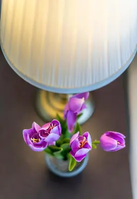 a vase with purple flowers sitting next to a lamp at Dorsett Bukit Bintang near Pavilion KL, Kuala Lumpur in Kuala Lumpur
