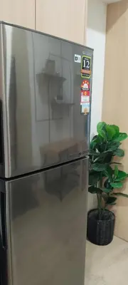 a stainless steel refrigerator in a kitchen with a plant at Sky Touch Homestay in Kuala Lumpur