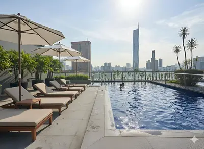 a pool with chairs and umbrellas on a building at Luxury Fairlane Residence Suites Kuala Lumpur by AZI BNB in Kuala Lumpur