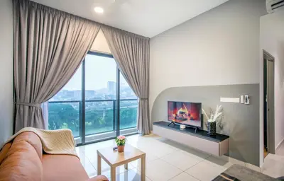 a living room with a couch and a large window at Astoria Ampang Modern 2Bedroom Suite Free Parking in Kuala Lumpur