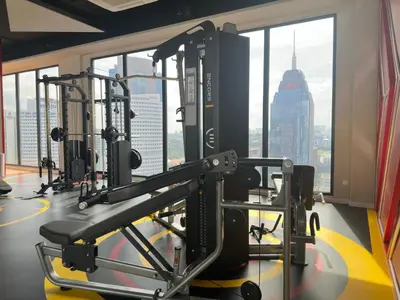 a gym with a view of the city at Luxury couple suite 307A at Majestic Residence in Kuala Lumpur