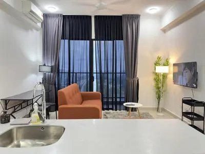 a living room with a large window with a couch and a chair at Couple 1BR cozy suite B41 05 Trion KL in Kuala Lumpur