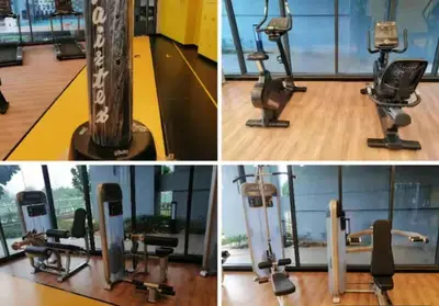 a group of four pictures of a hair salon with a barber chair at Neu Suites in Kuala Lumpur