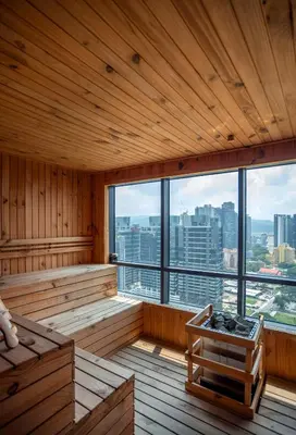 a sauna with a view of a city at NOVO Ampang Modern Studio Infinity Pool near KLCC & Gleneagles in Kuala Lumpur