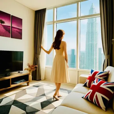 a woman in a yellow dress looking out of a window at Sky Suites KLCC By Stay Happy in Kuala Lumpur
