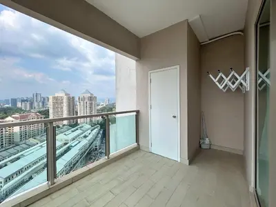 a balcony with a door and a view of a city at Elegant Studio - Upscale Neighbourhood of Hartamas in Kuala Lumpur