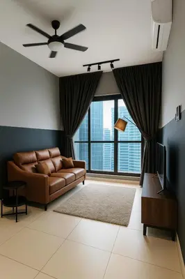 a living room with a couch and a large window at KLCC View Suites By Reizz Residence in Kuala Lumpur