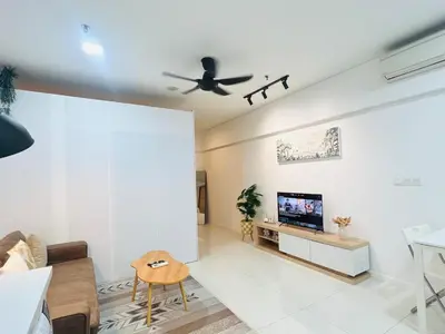 a living room with a tv and a ceiling fan at Cozy mercu summer suite 5mint WD KLCC luxury apartment free wifi, netfliix in Kuala Lumpur