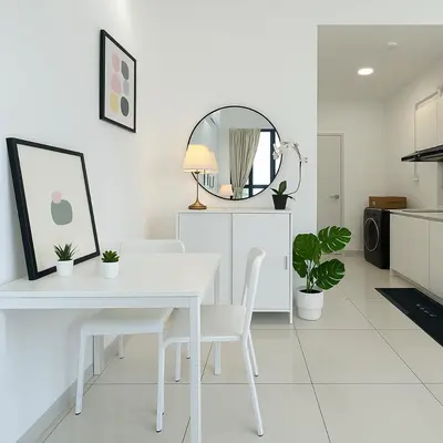 a white dining room with a white table and a mirror at Majestic Residence by Aranova Stay in Kuala Lumpur