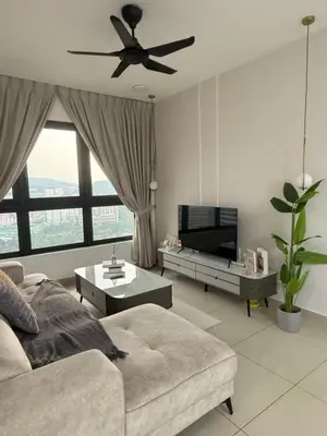 a living room with a couch and a ceiling fan at Modern KL City M vertica condo near MRT, TRX & Sunway Velocity, infinity pool & Parking in Kuala Lumpur