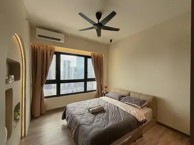 a bedroom with a bed and a ceiling fan at 3PX Deluxe Suites Agile Bukit Bintang, Walkable Pavilion & TRX & MRT in Kuala Lumpur