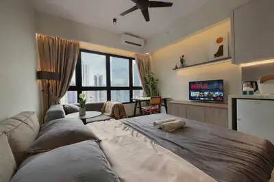 a bedroom with a large bed and a large window at 2PX Comfy Suite, Agile Bukit Bintang Near TRX, Pavilion, MRT TRX in Kuala Lumpur