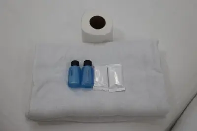 a white towel with a roll of toilet paper and two blue handles at Haven Hotel Pudu in Kuala Lumpur