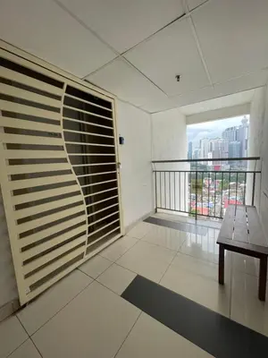a room with a balcony with a bench and a window at Nour Homestay KLCC View - COZY 1 in Kuala Lumpur