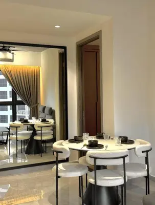 a dining room with tables and chairs and a window at Friendly & Cozy Near TRX & Pavilion in Kuala Lumpur