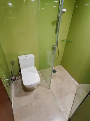 a green bathroom with a toilet and a shower at Tomato Homestay By Sky Suites KLCC in Kuala Lumpur