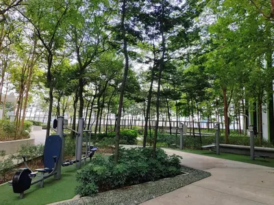 a park with benches and trees on a sidewalk at The Robertson N9 Jalan Alor Bukit Bintang Petaling Street 7 Pax in Kuala Lumpur