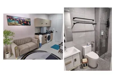 two pictures of a bathroom with a couch and a sink at KL Majestic VIP studio Massage Chair 26-1A KLCC view in Kuala Lumpur