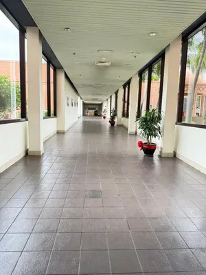 an empty hallway of a building with potted plants at Texas Service Suites At BTS Kuala Lumpur in Kuala Lumpur