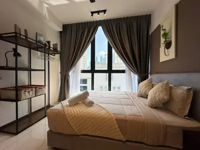 a bedroom with a bed with a large window at Majestic Suites Klcc BY Mimi in Kuala Lumpur